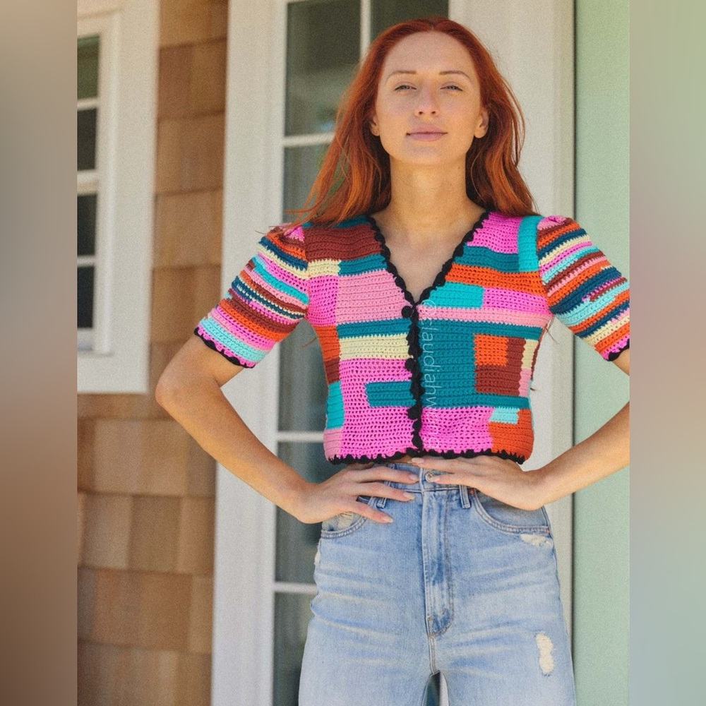 Free People TACH Hand Knit Crochet Puff Sleeve Cardigan